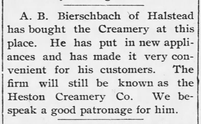 A B Bierschbach of Halstead buys the creamery