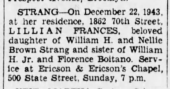 Death of Lillian Frances Strang