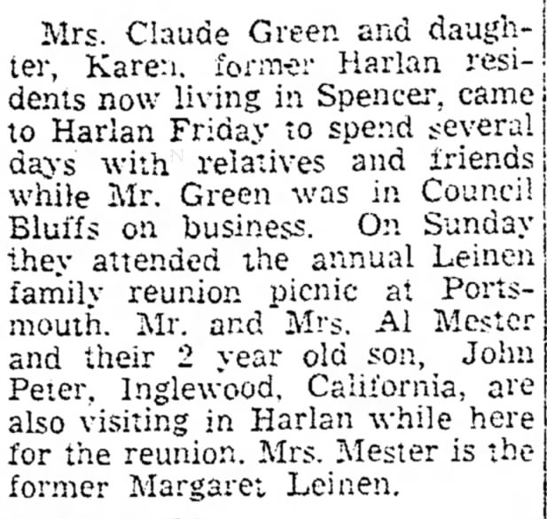 Leinen Reunion. Harlan News Advertiser.  July 13th 1954