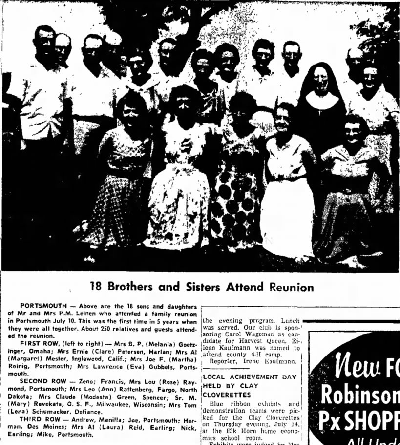 Leinen Reunion. Harlan tribune. July 29th 1960