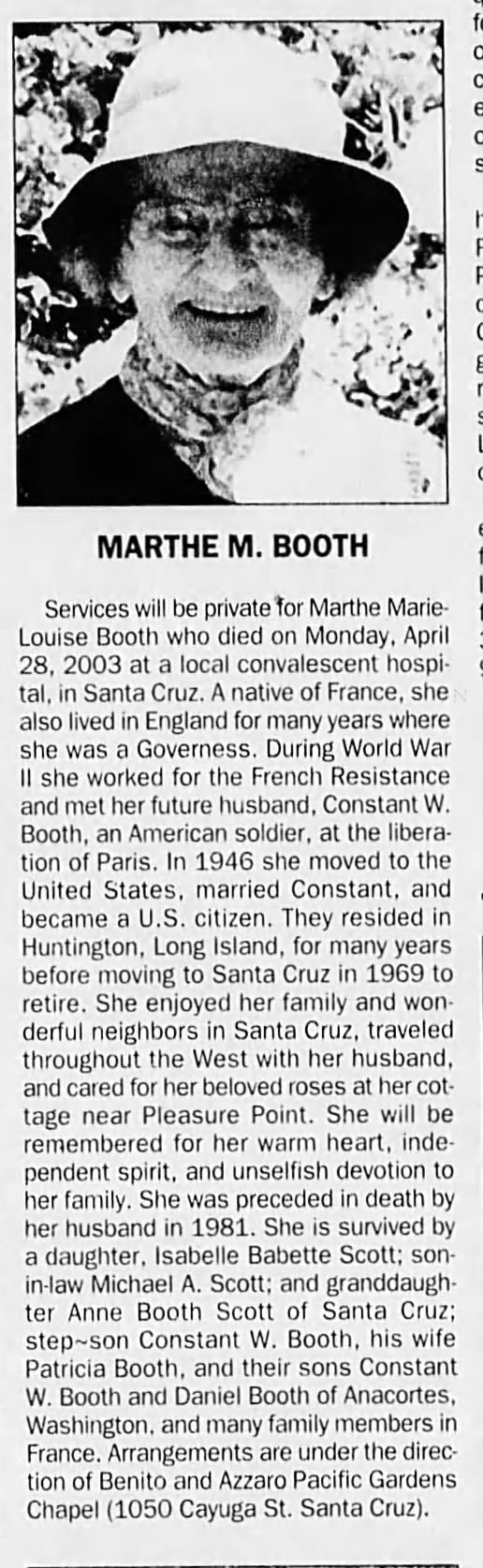 Marthe Marie Louise Booth Obituary