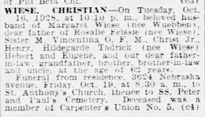 Christian Wiese (1866-1928) Obituary