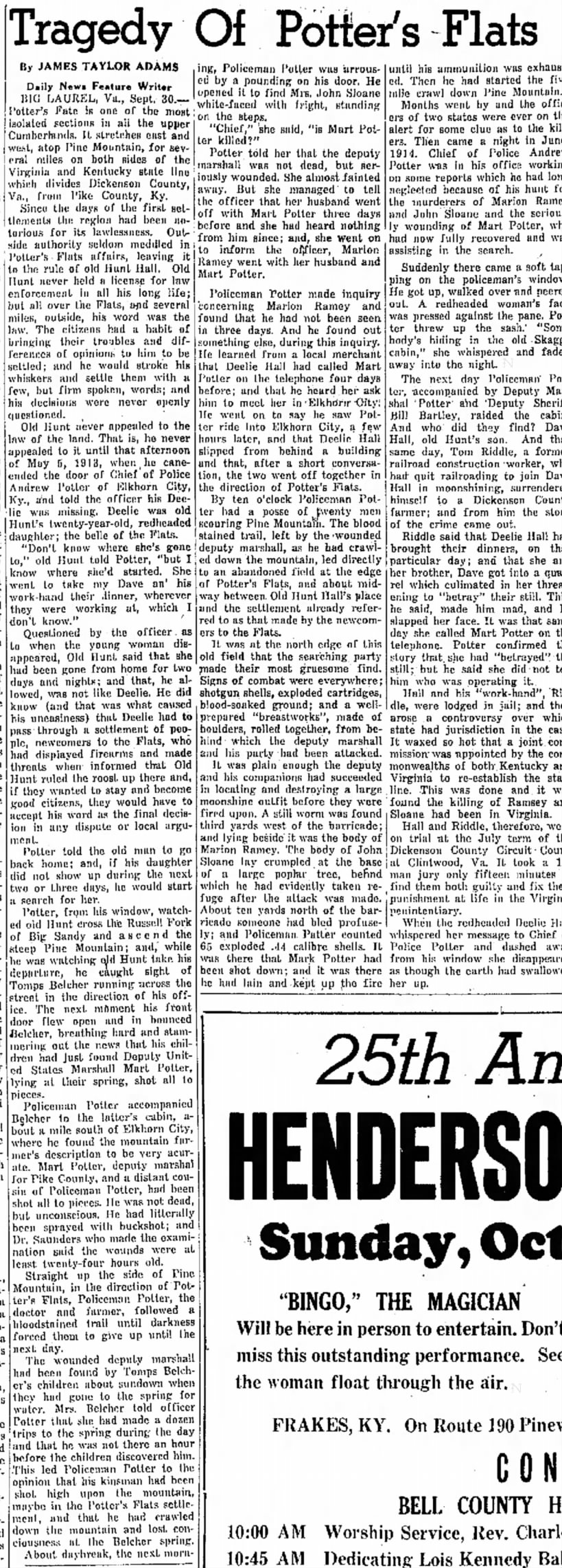 Tragedy of Potter's Flats -Clipped from Middlesboro Daily News, 30 Sep 1950, Sat, Page 4