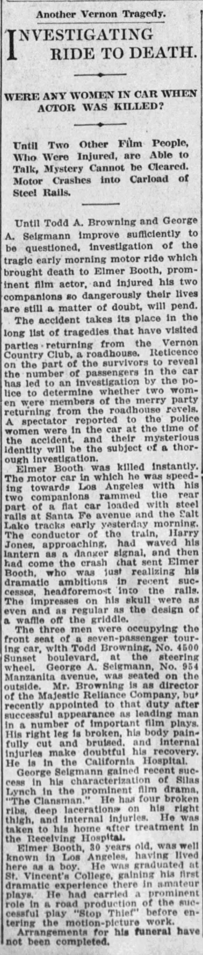 Article about the accident that killed Elmer Booth, Los Angeles Times, 17 June 1915
