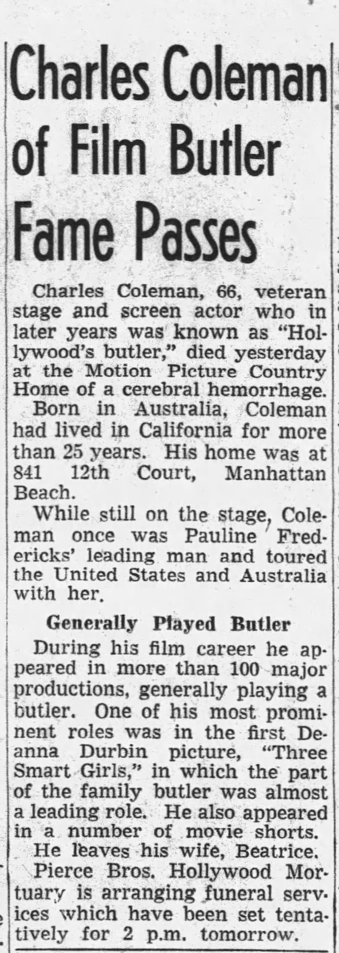 Charles Coleman obituary LA Times 9 Mar 1951