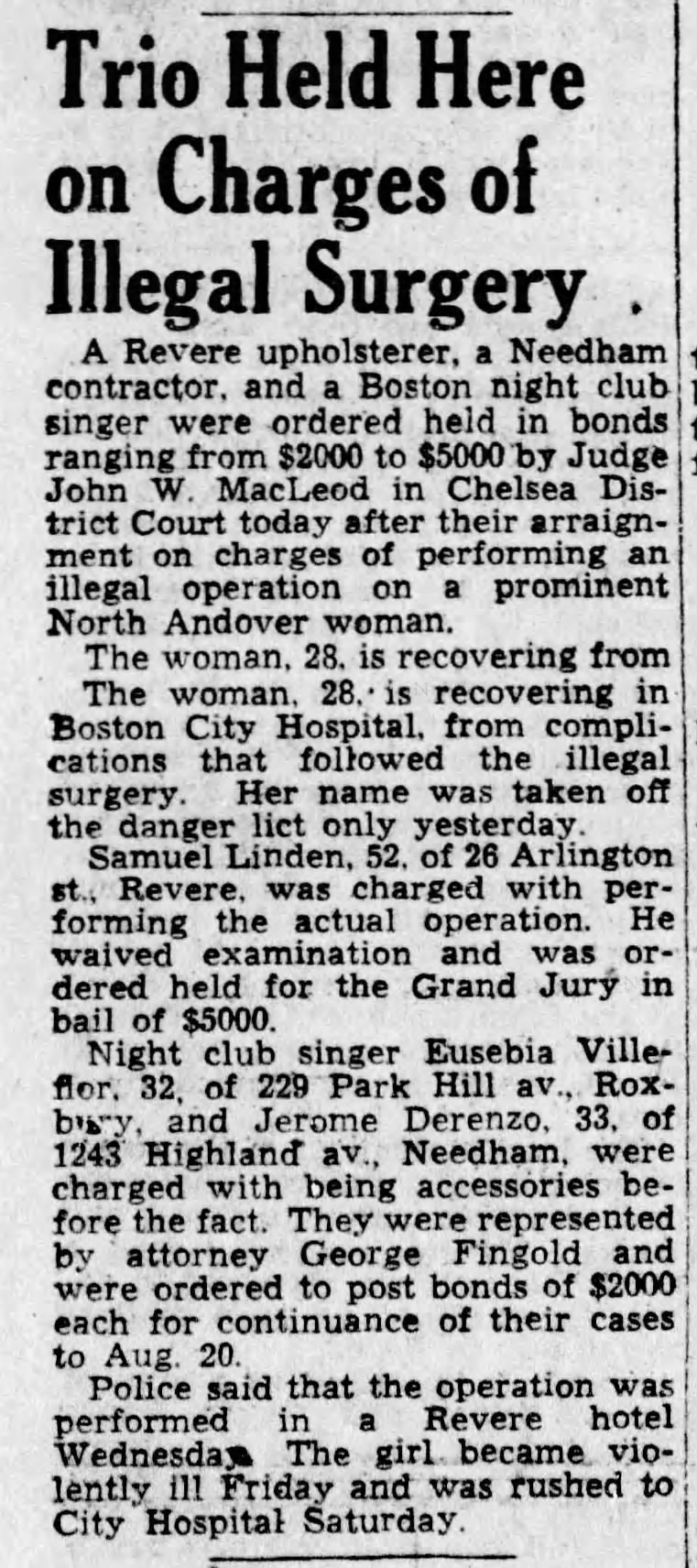 Sammy Linden illegal surgery (6 Aug 1951)