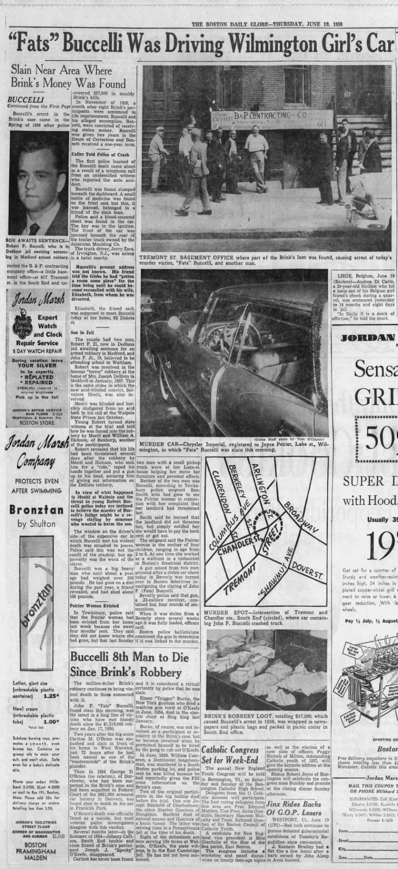 Buccelli Slain Near Area Where Brink's Money was Found (19 June 1958)