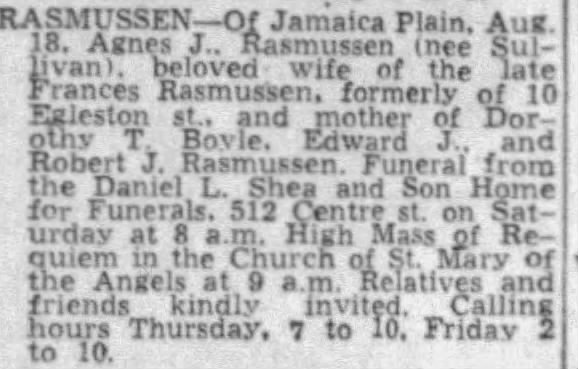 Obituary for Agnes J. RASMVSSEN