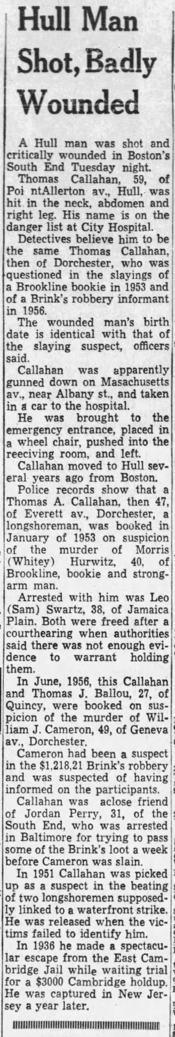 Tommy Callahan shot (23 Dec 1964)