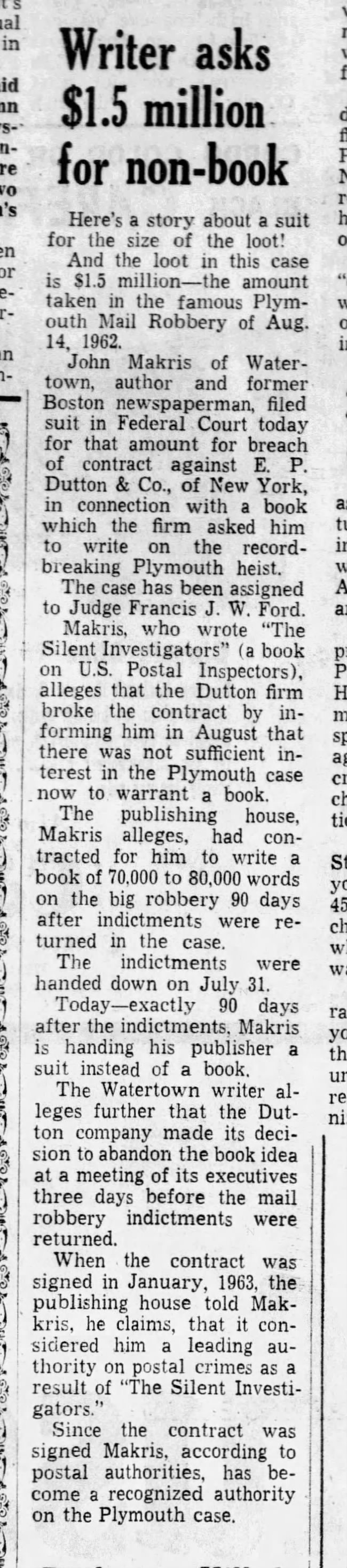 Makris $1.5M lawsuit (31 Oct 1967)