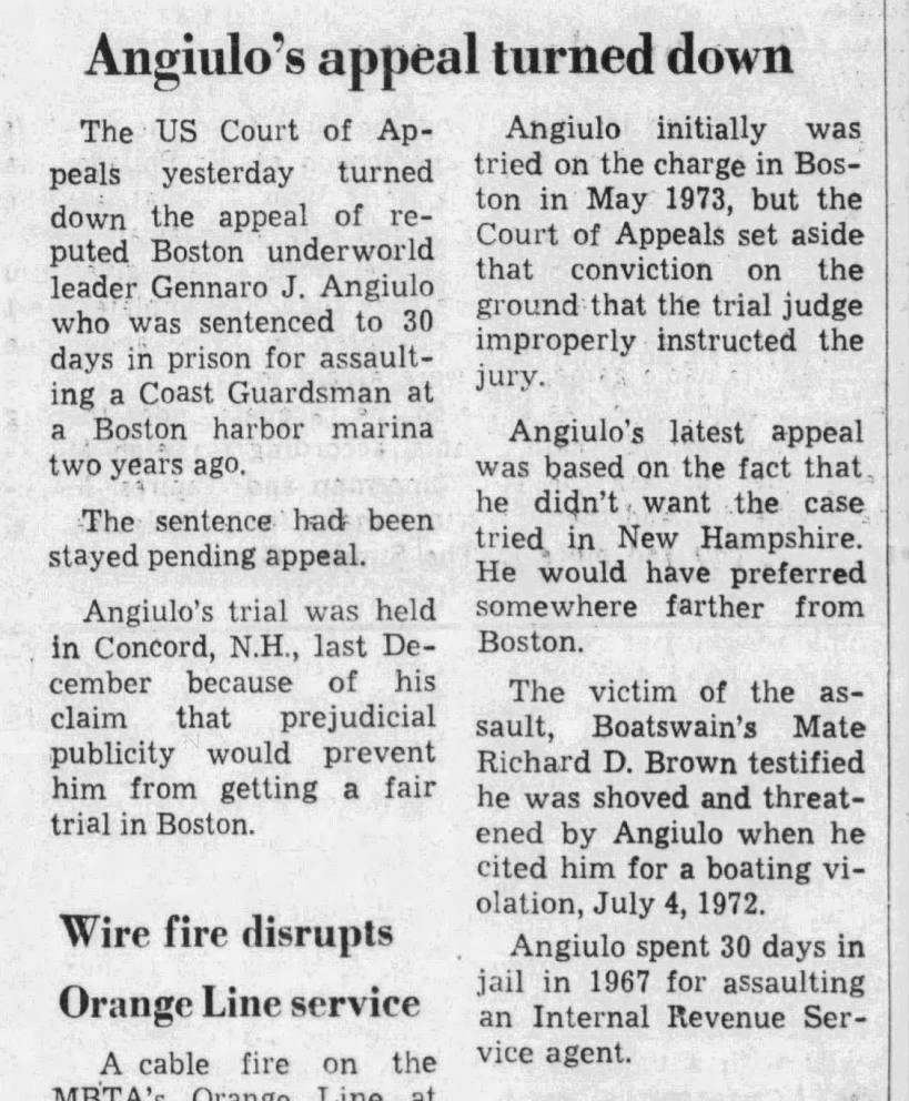 Angiulo's appeal denied (1 June 1974)