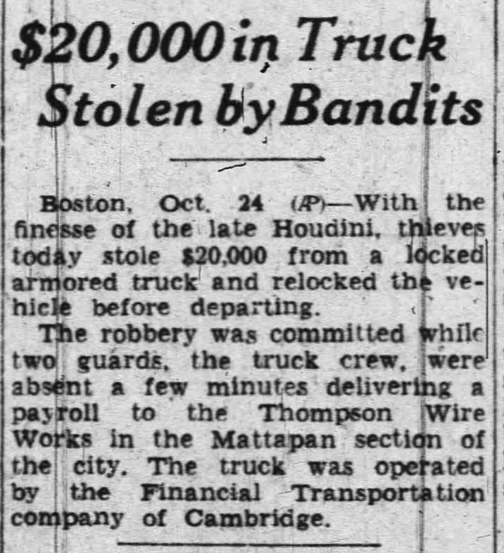 $20K in armored truck stolen (24 Oct 1947)