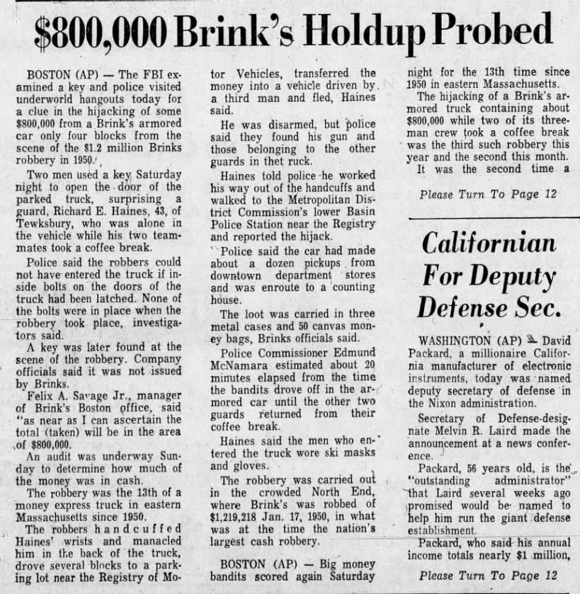 FBI Brinks probe (30 Dec 1968)