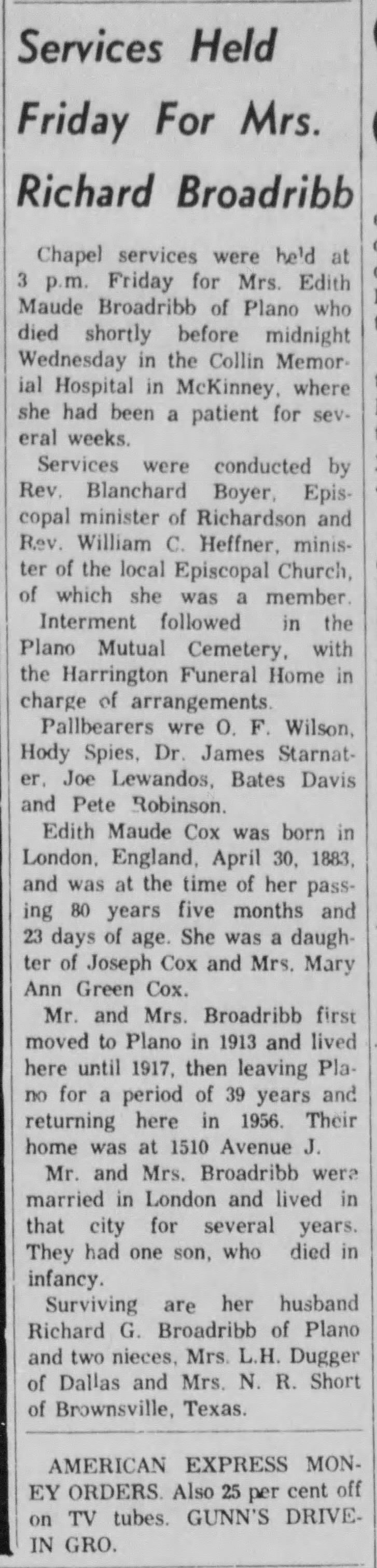 Death of Edith Cox Broadribb