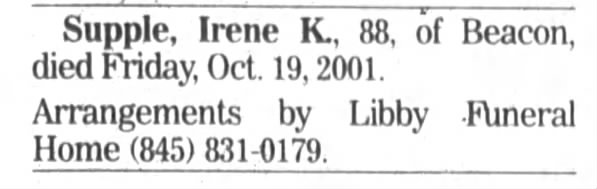 Irene Krauser Supple death notice.