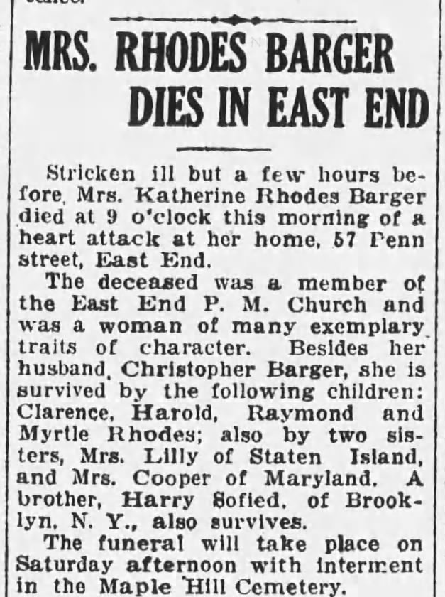 Katherine Sofield (Rhodes) Barger died 10 Apr 1930