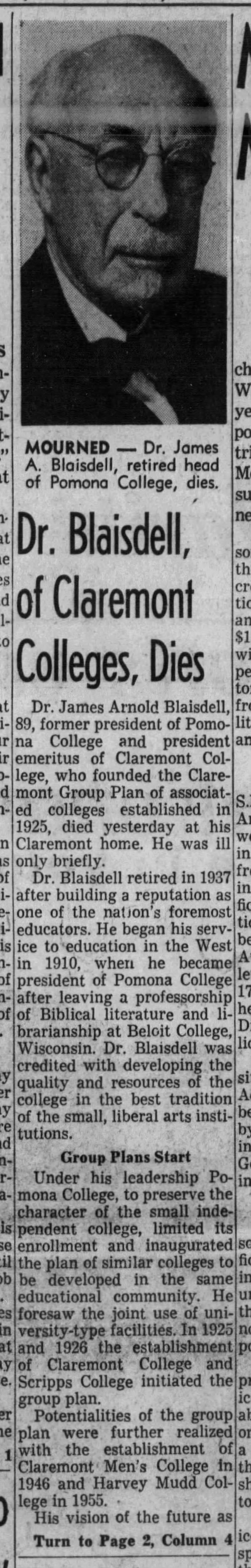 Dr. Blaisdell, of Claremont Colleges, Dies