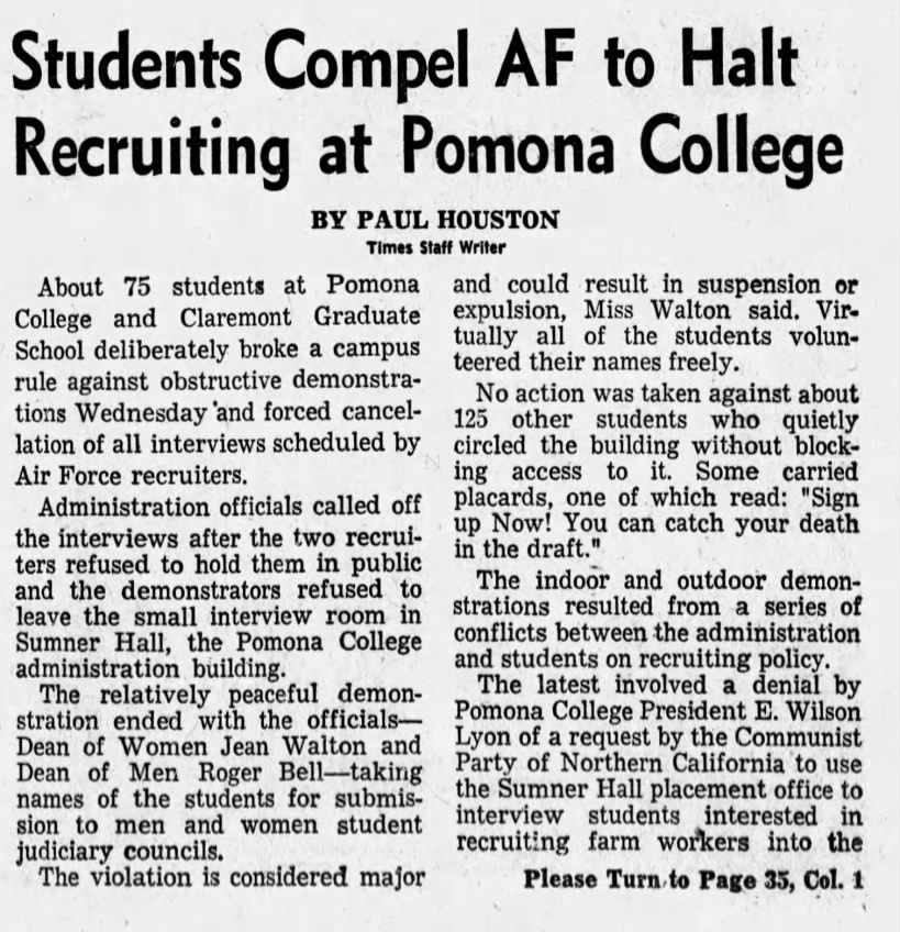 Students Compel Air Force to Halt Recruiting at Pomona College