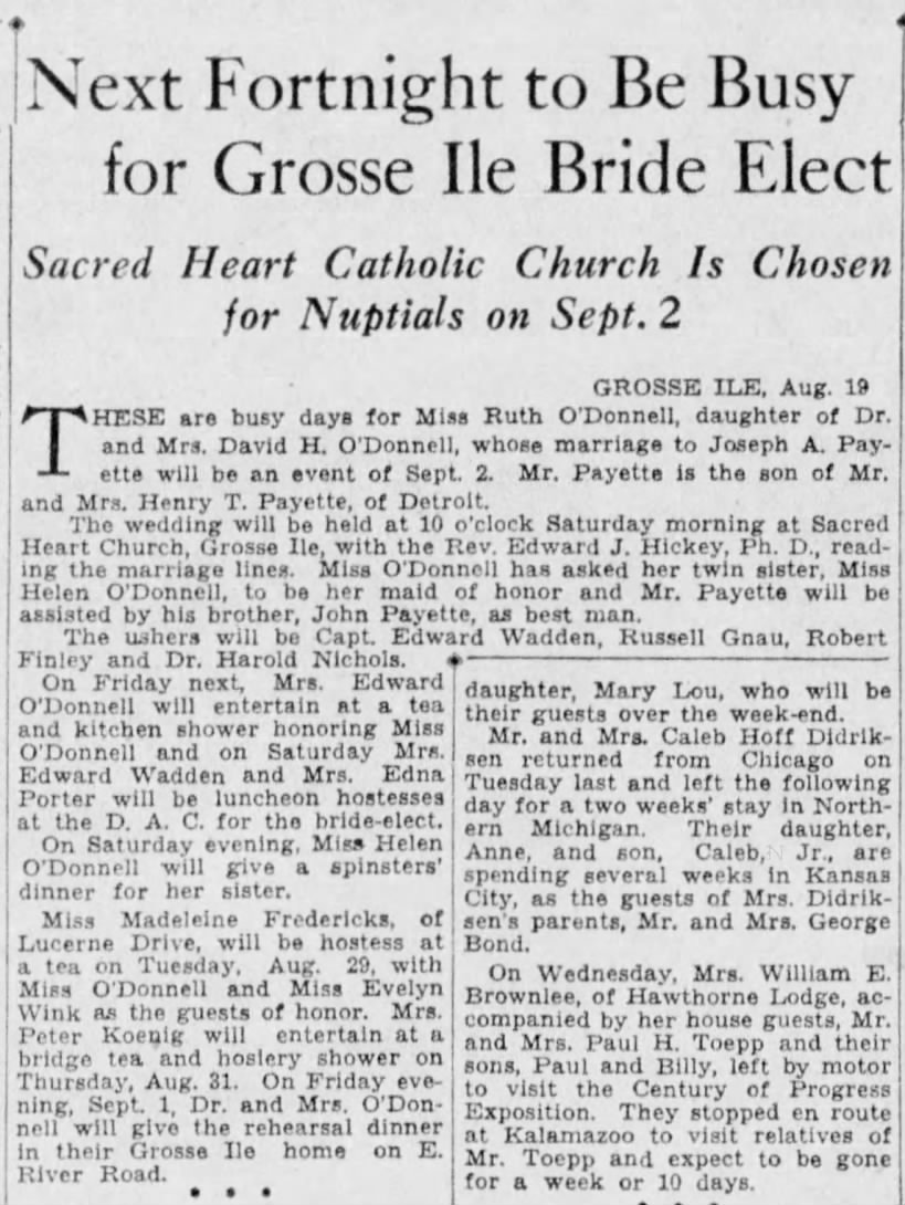 Ruth O'Donnell & Joseph A. Payette - wedding - 20 Aug 1933