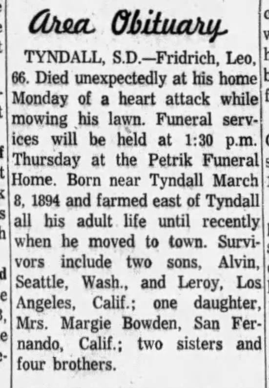 Leo Fridrich obituary, 6 Jul 1960, Aurgus-Leader, Sioux Falls SD