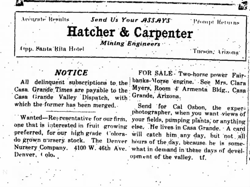 Cal Osbon - 6 Mar 1914 - Casa Grande Dispatch, AZ