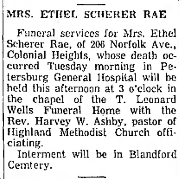 Ethel Scherer Services - 1 Oct 1959 - Progress-Index, Petersburg, VA