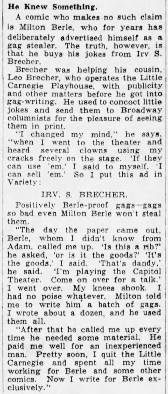 Dec 27, 1936: Irv Brecher's own account of Berle hookup