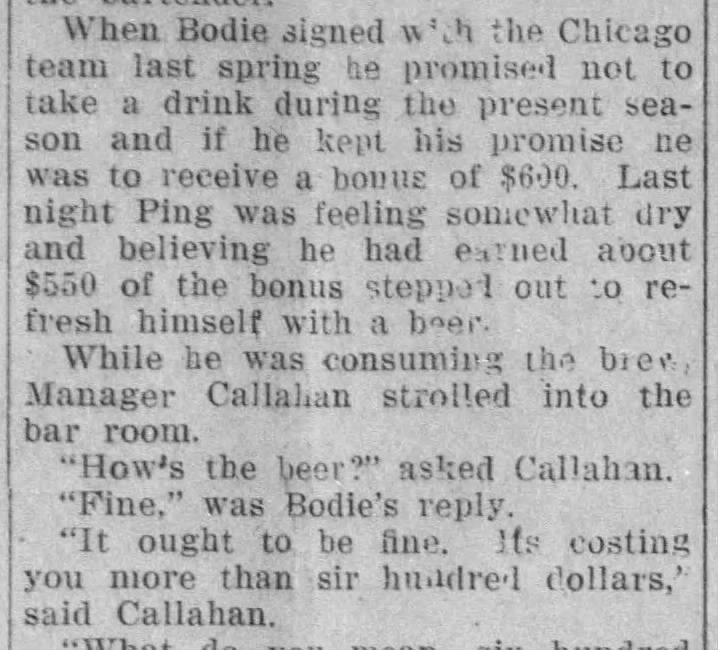 Sep 6 1913: Ping Bodie and the $600.05 beer