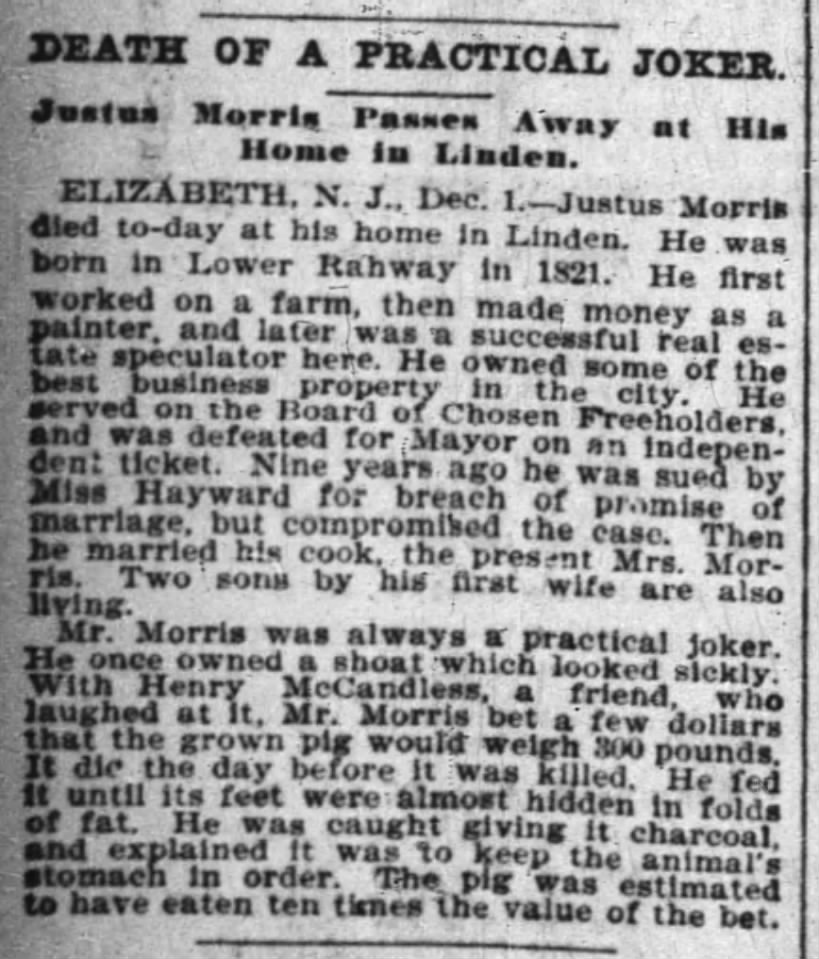 Death of a Pratical Joker. Justus Morris Passes Away at His Home in Linden