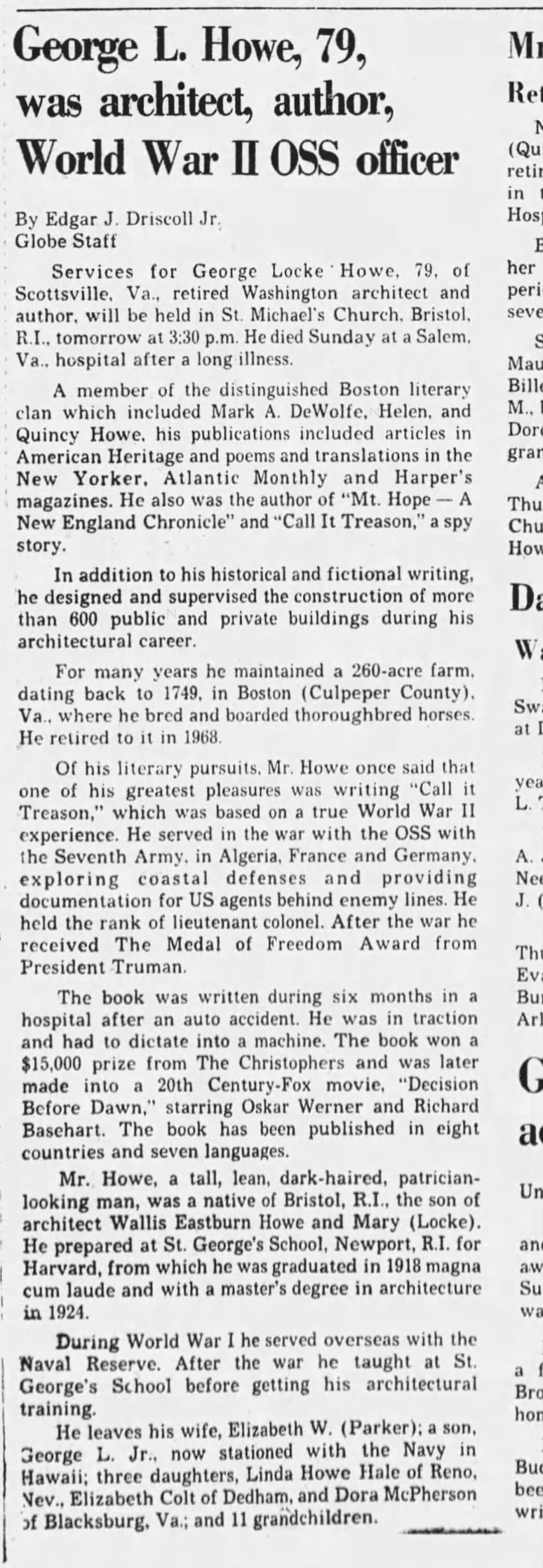 George Howe obituary---Boston Globe, more complete