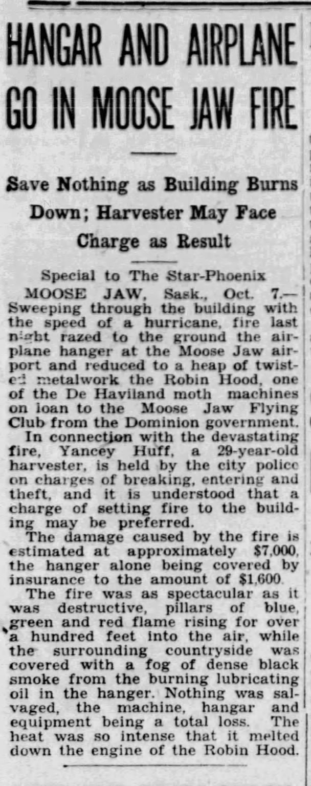 Moose Jaw hangar fire  1928