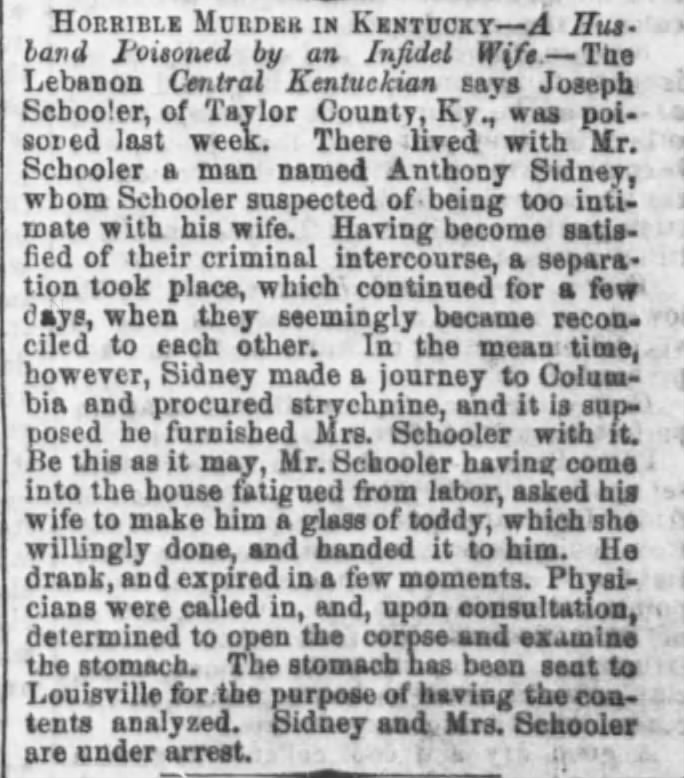 Schooler killed by wife, 1861