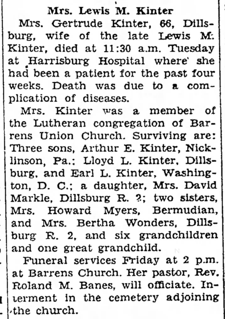 obit --- Kinter Gertrude    died 6-17-1952   Klinedinst