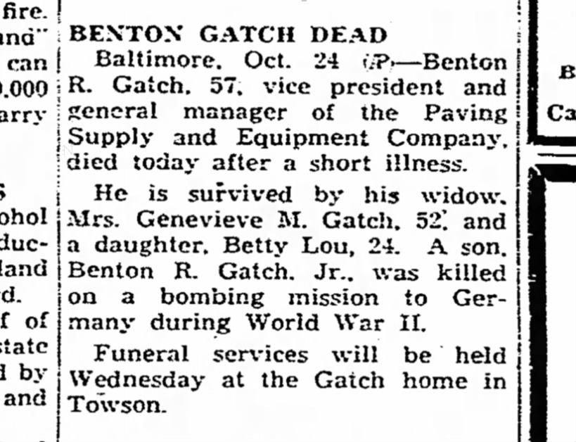obit --- Gatch Benton R  died 10-25-1948