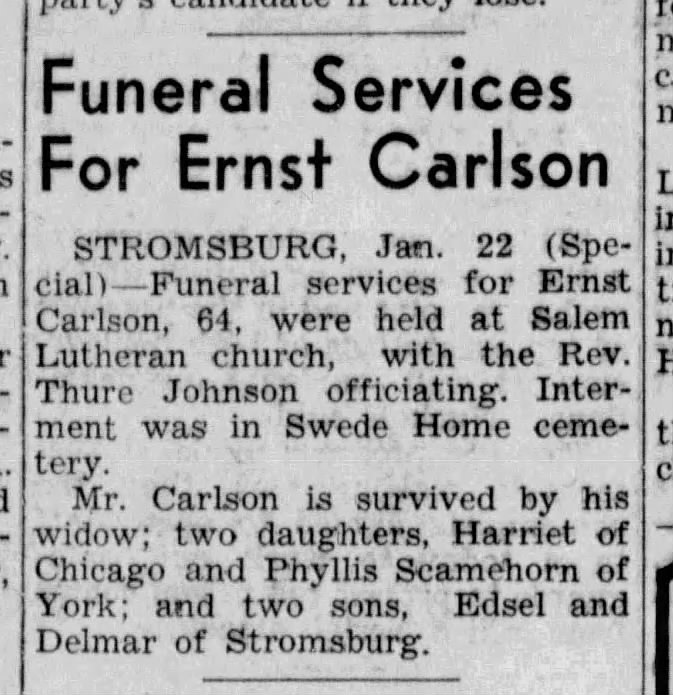 Delmar Carlson's dad's obit, Columbus (NE) Telegram, 22 Jan 1952, Tu, P 2