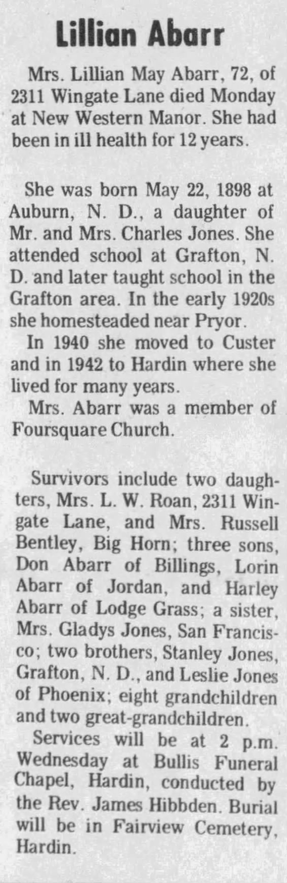Obituary for Lillian May Abarr (Aged 72)