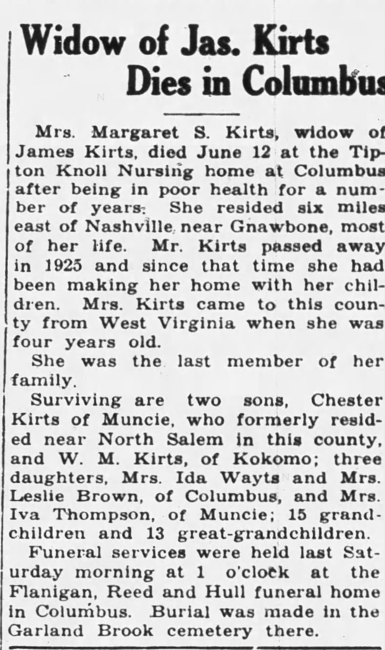 Obituary -
Brown County Democrat (Nashville, Indiana) 
Thursday, June 20, 1946 pg. 1