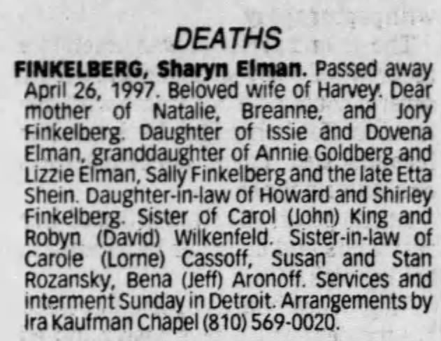 Obituary for Sharyn Elman FINKELBERG