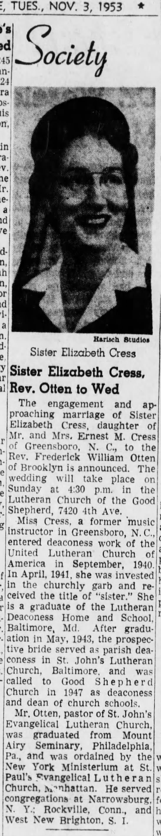 Cress, Elizabeth to wed Rev Frederick William Otten - 07 Nov 1953
