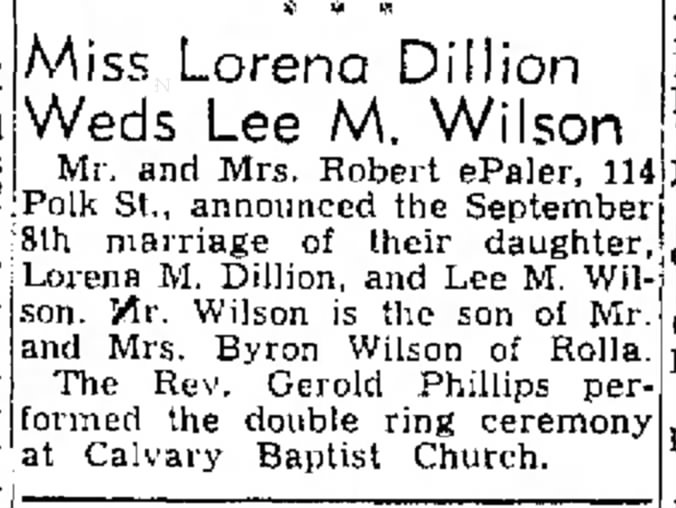 Dillion, Lorena weds Lee Wilson