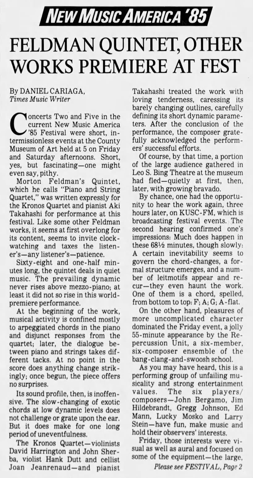 New Music American '85: Feldman Quintet, Other Works Premiere at Fest (p. 1)