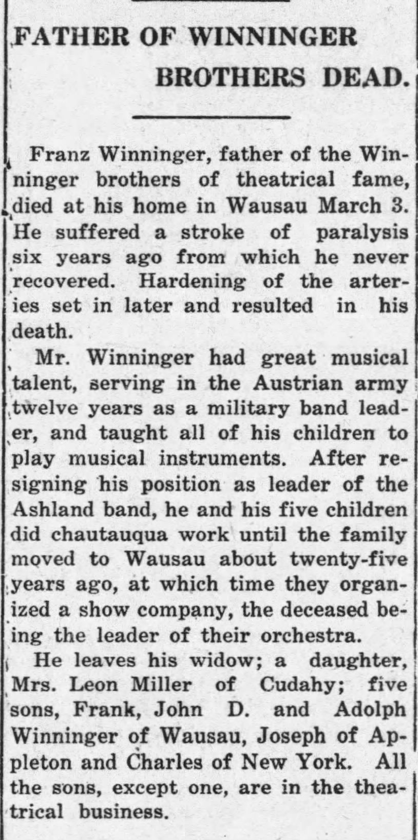 Obituary for Franz Winninger