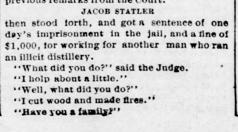Jacob Statler, Bollinger County, Missouri, sentenced for making moonshine.