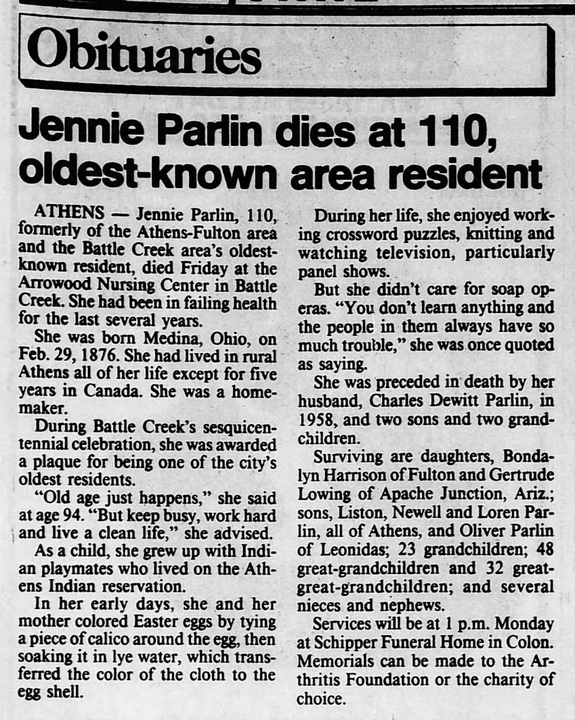 Jennie (Krieble) Parlin - Obituary, 1986