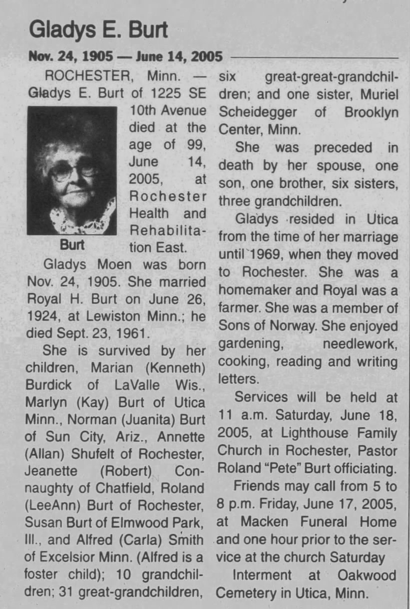 Obituary for Gladys E. Burt, 1905-2005 (Aged 99)