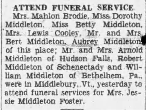 Jessie Middleton Foster Funeral, The Post-Star, Glens Falls, NY, 7 Mar 1945, Wed
