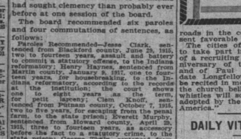 Jesse Clark gets parole from Gov - 1917