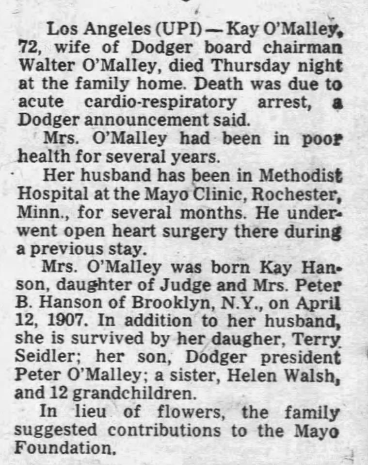 Obituary for Kay 0 ` Malley (Aged 72)