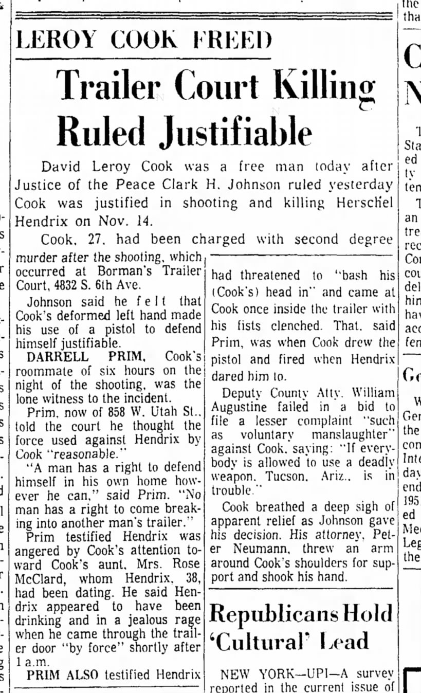24 Nov 1965 - David Leroy Cook freed in Homicide of Herschel Lee Hendrix.
