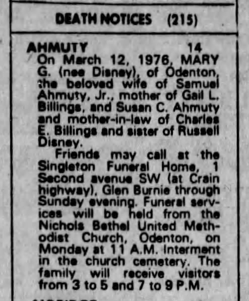 13 Mar 1976, Sat, page 11 - Ammuty, Mary G. (nee Disney) - Obituary